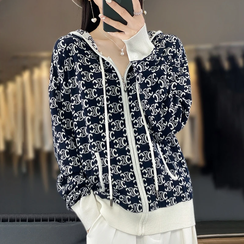 2023 Autumn New Knitted Cardigan Women\'s Long Sleeved Hooded Zippered Cardigan High Quality Printed Style Slim Knitted Cardigan