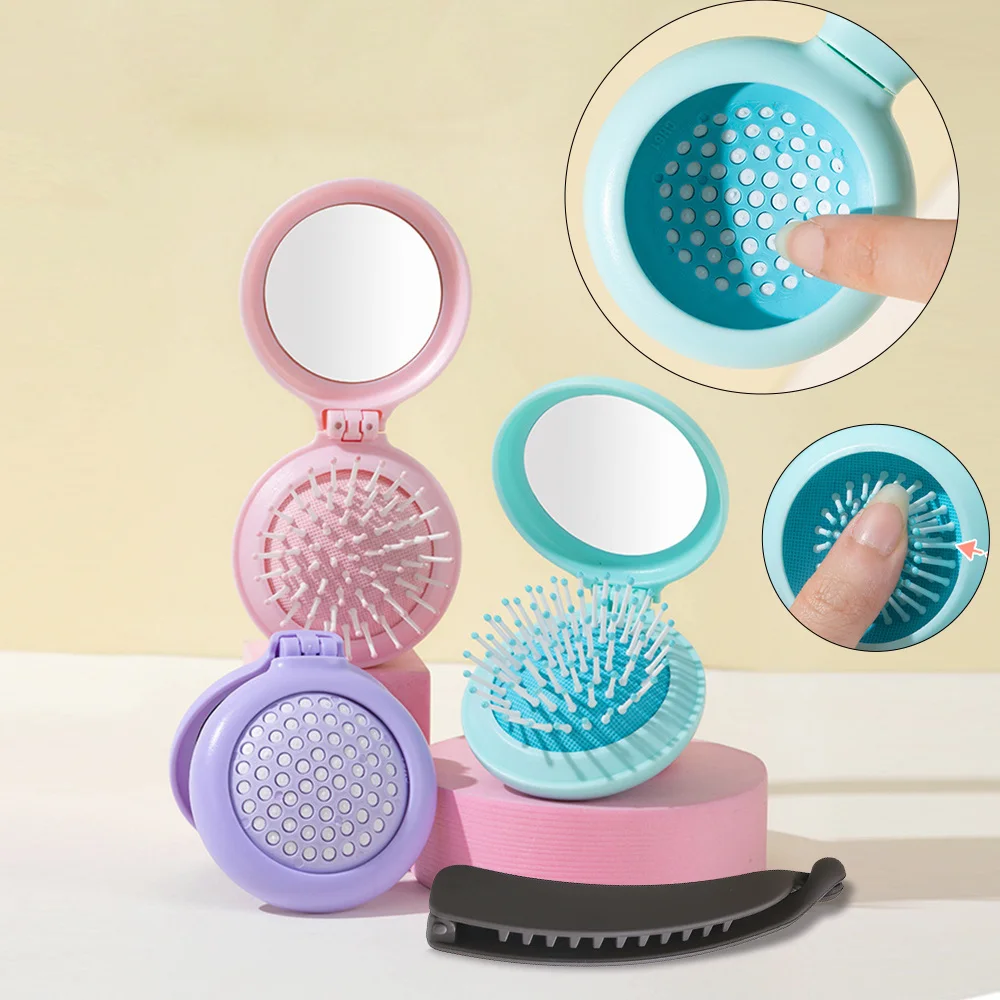 

Travel Hair Set Mirror Round Compact Brush Mini Massage Comb for Women and Girls for Purse/Pocket+ Banana Hair Clips