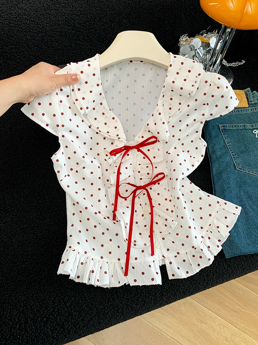 

Sweet Preppy Polka Dot Shirt Women's Summer 2026 Short Sleeve V-Neck Bow Tie Anti-Aging Slimming Versatile Top Commute Wear