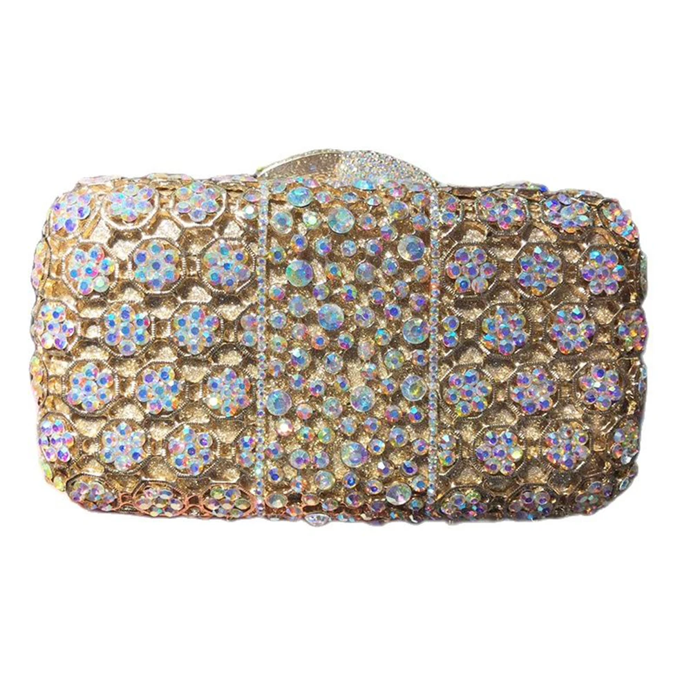 

Evening Clutch Purse For Women Gold Metal AB Rhinestone Flower Crystal Wedding Bridal Handbags Casual Diamond Clutches Purses