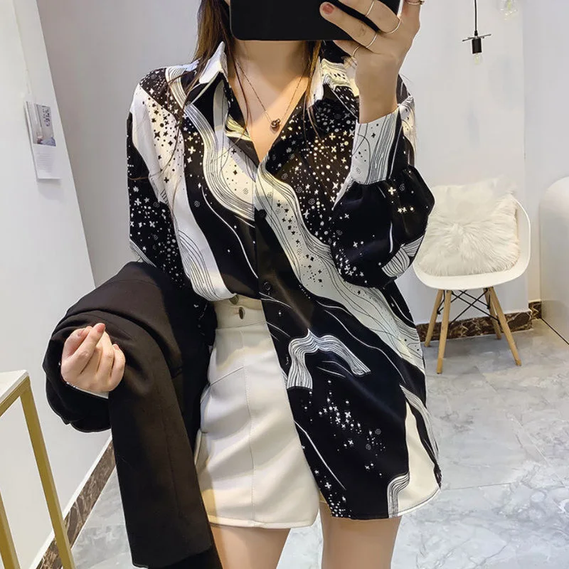 Women\'s Fashion Printed Long Sleeve Loose Button Up Shirt 2022 Spring Autumn Casual Lapel Oversize Streetwear Blouse Ladies Tops