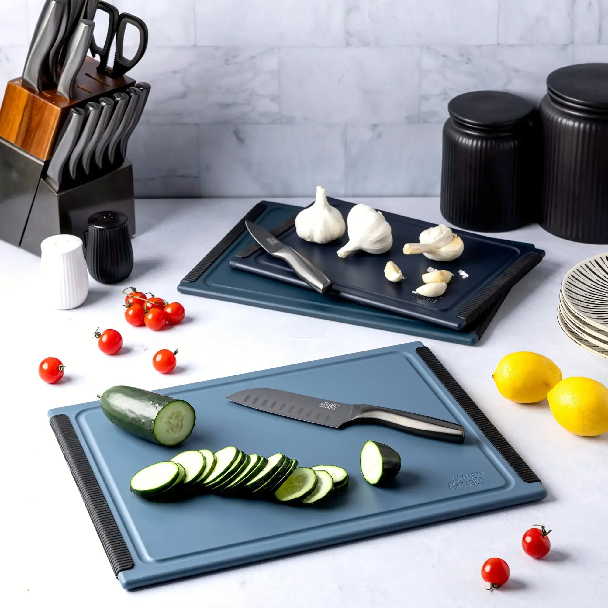 3-Piece Poly Cutting Boards, Blue. Sizes: 8.5x12, 10x14, 12x16 Inch. Non-Slip, Dishwasher Safe, Durable. Kitchen Essential