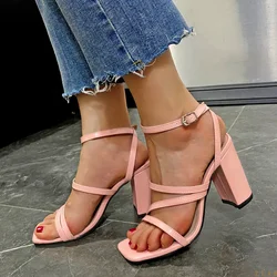 Fashion Brand Summer Ladies White High Heel Sandals Zlah Simple Sandals Women Square Toe Thin Belt Women Sandals Womens Shoes 43