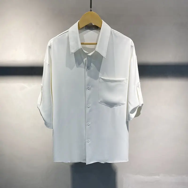Ice Silk Shirt for Men's Summer Thin Loose Drooping Three-quarter Sleeve High-end Design Casual and Versatile