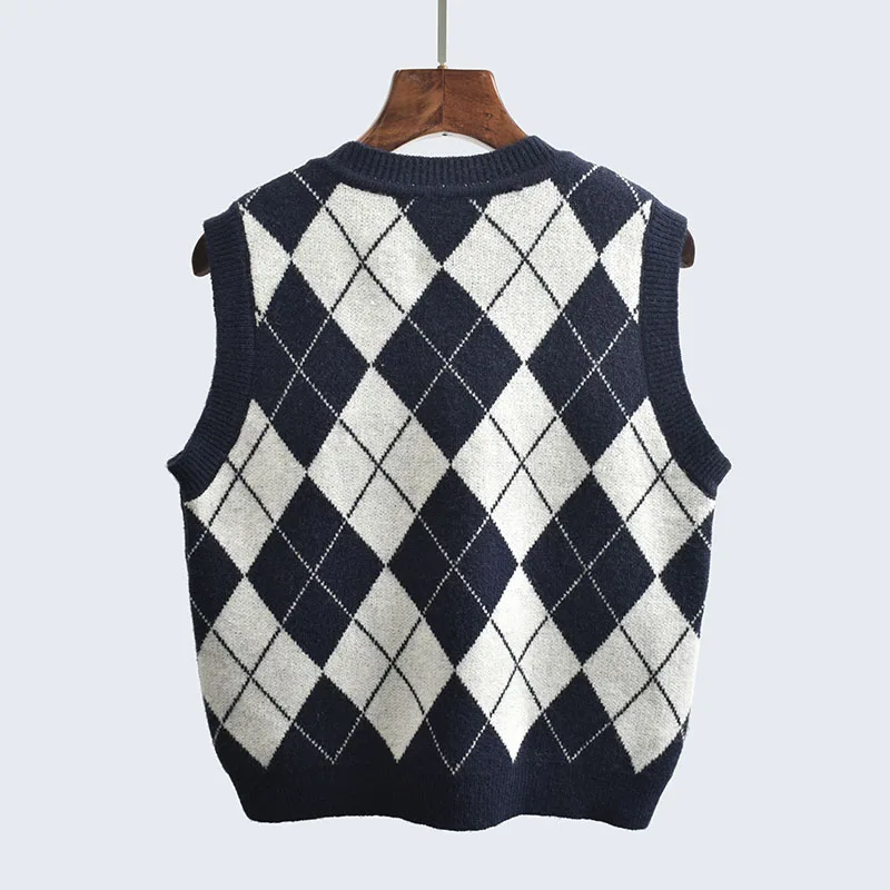 ABRINI Women Vintage Contrast Color Argyle V-neck Knit Vest Fall Preppy Style Worn Outside New Sweater Vest Sleeveless Pullover