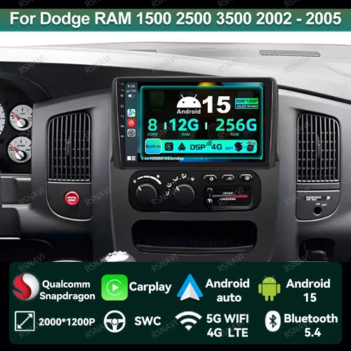 Android 15 Radio del coche para Dodge RAM 1500 2500 3500 2002 2003 2004 2005 unidad principal GPS 5G WIFI navegación estéreo DVD Viedo Player