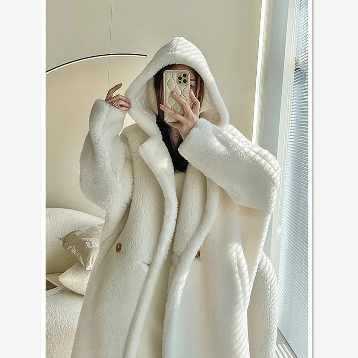 Manteau ours en peluche à capuche mi-long pour femme, manches longues, fausse fourrure, blanc, épais, chaud, femme, hiver, nouveau, 2023