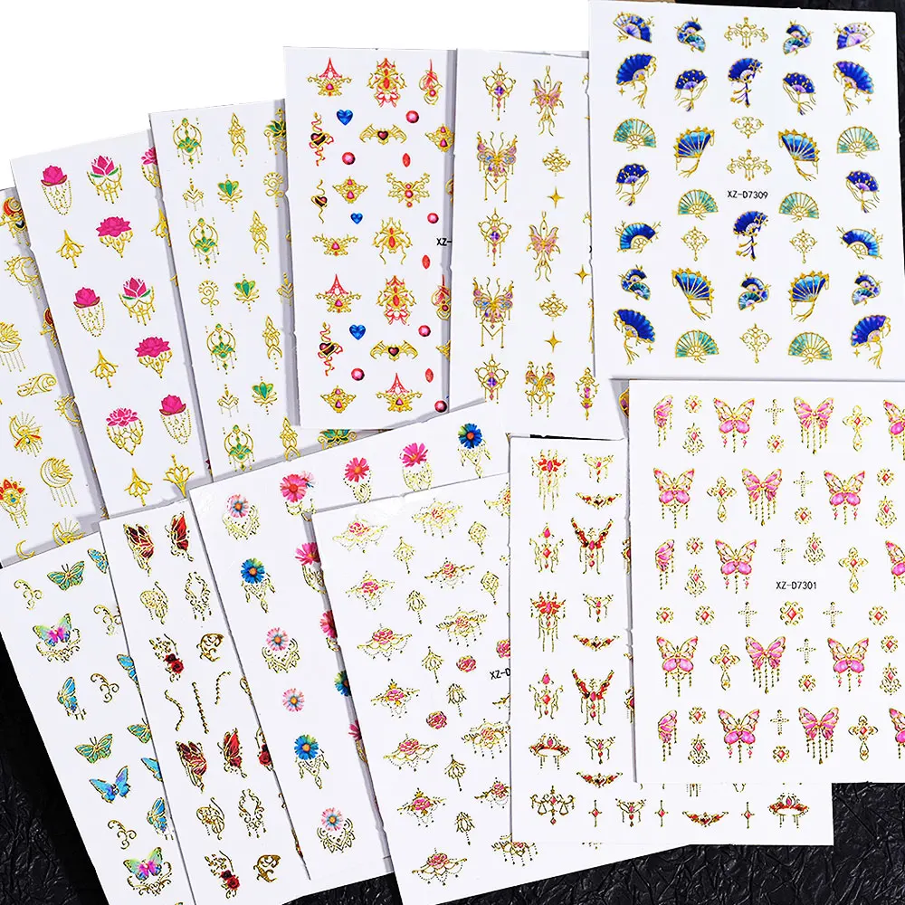 Pegatinas 3D bronceadas para decoración de uñas, mariposa dorada y rosa, 1 Uds., pegatinas para uñas con flores cruzadas/retro, 8x10, adhesivo, mariposas de hadas, decoración para uñas