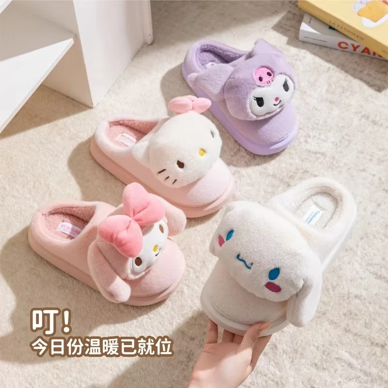 

Anime Plush Slippers My Melody Kuromi Women Hello Kitty Kawaii Female Cotton Shoes Flat Winter Keep Warm Cute Student Girl Sweet