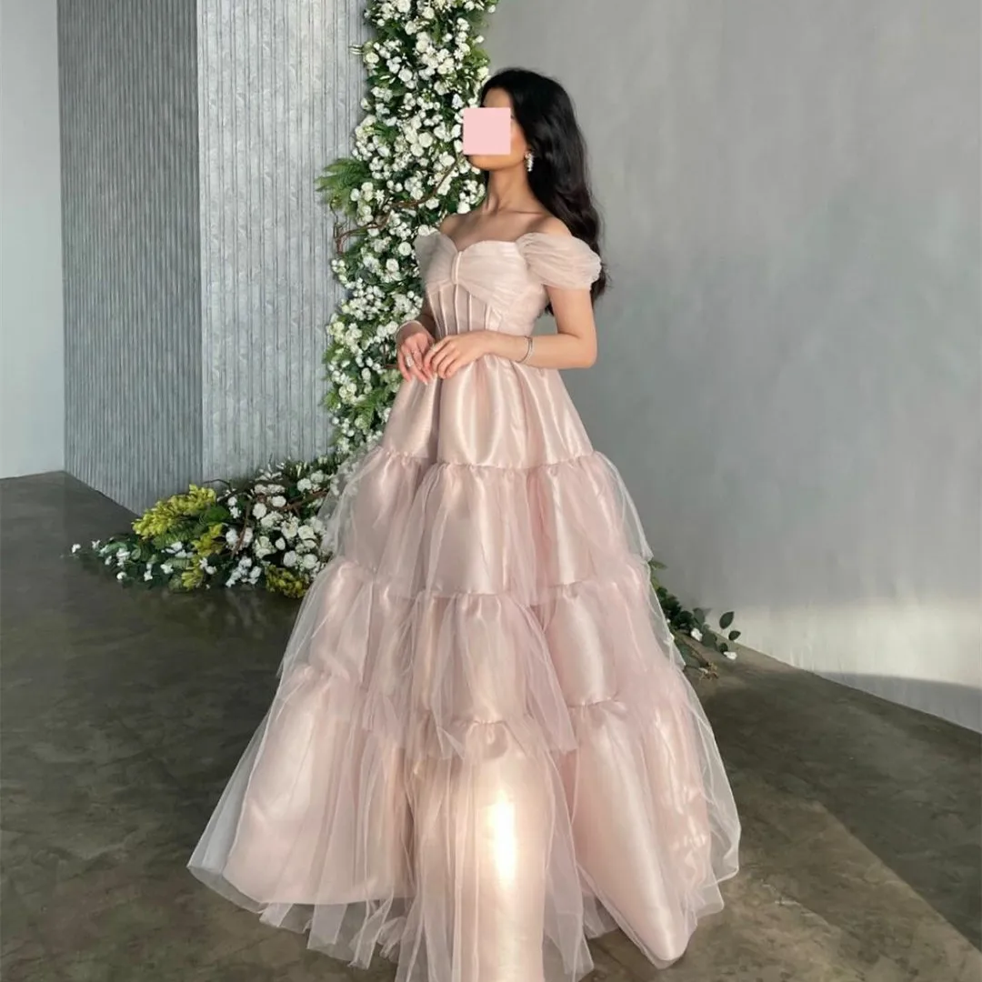 BridalAffair A-Line Off Shoulder Tulle Pink Evening Dresses Floor Length Elegant Prom Formal Dress for Women