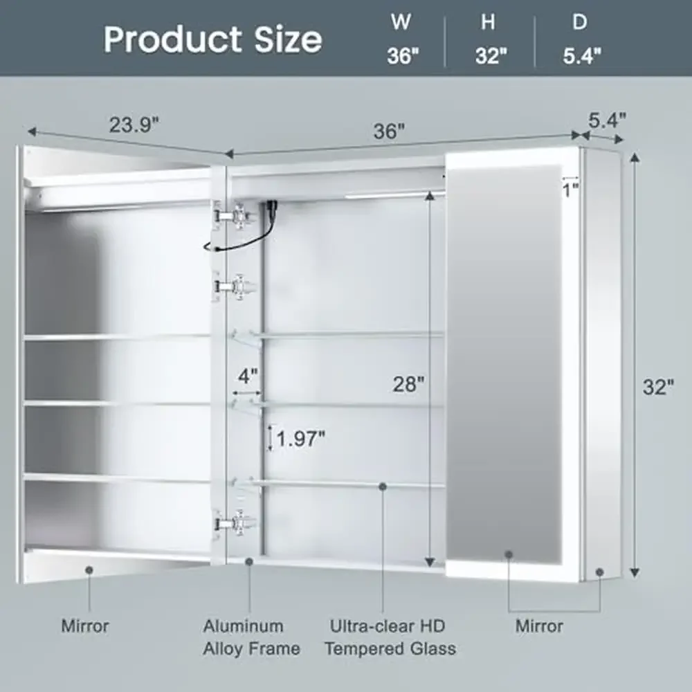 36x32 Inch Lighted Medicine Cabinet with Mirror AL Alloy Plug-in or Hardwired Recessed Wall Mount Interior Sensor Light Memory