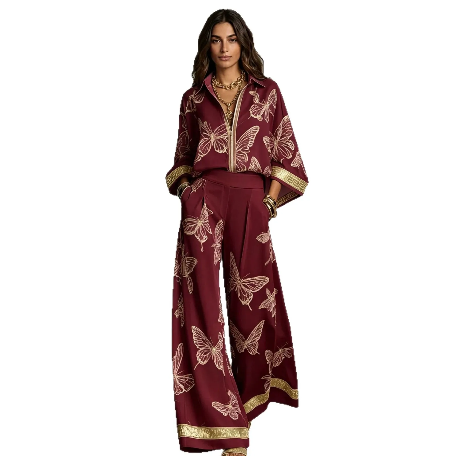 Gold Border Lapel Zipper Solid Color Pants Women's Butterfly Print 2-piece Set Shirt Wide Leg Pants Set Holiday Matching Set New