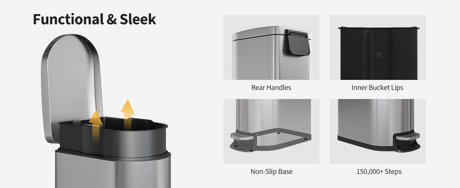 13 Gal / 50 L Slim Stainless Steel Step Trash Can with Soft-Close Lid – Kitchen Garbage Bin with Inner Bucket, Rear Handle, Rustproof, Silver