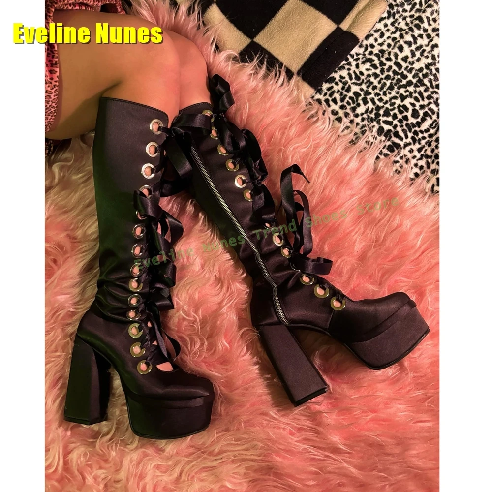 

Red Stain Lace-Up Platform Boots Round Toe Block Heel Love Print Cut Out Women Knee High Boots Y2K Subculture Style Dress Shoes