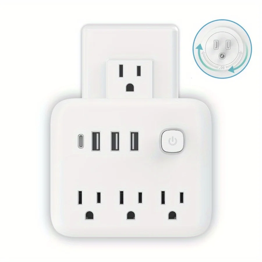 Multi socket power board, 3-socket multi socket expansion adapter, wall charger with 4 USB ports (1 USB-C)