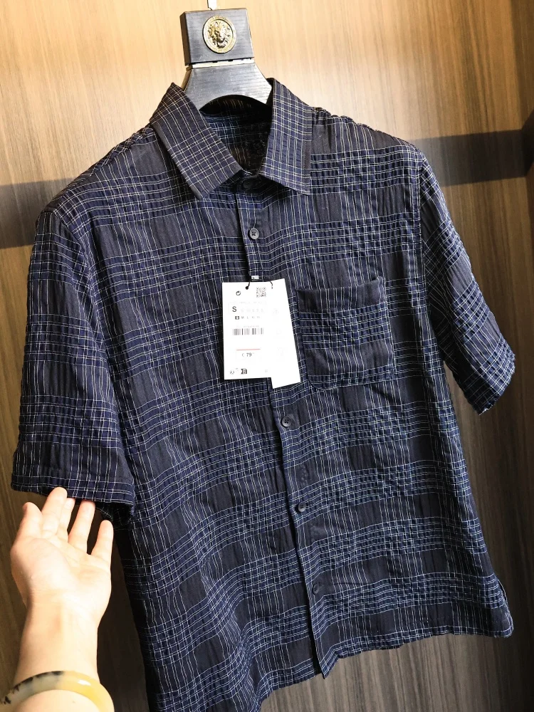 

Summer Men's Plaid Embroidered Skin-friendly Breathable Fashion Collar Short Sleeve Shirt Tailored Fit Standard Style Button ...