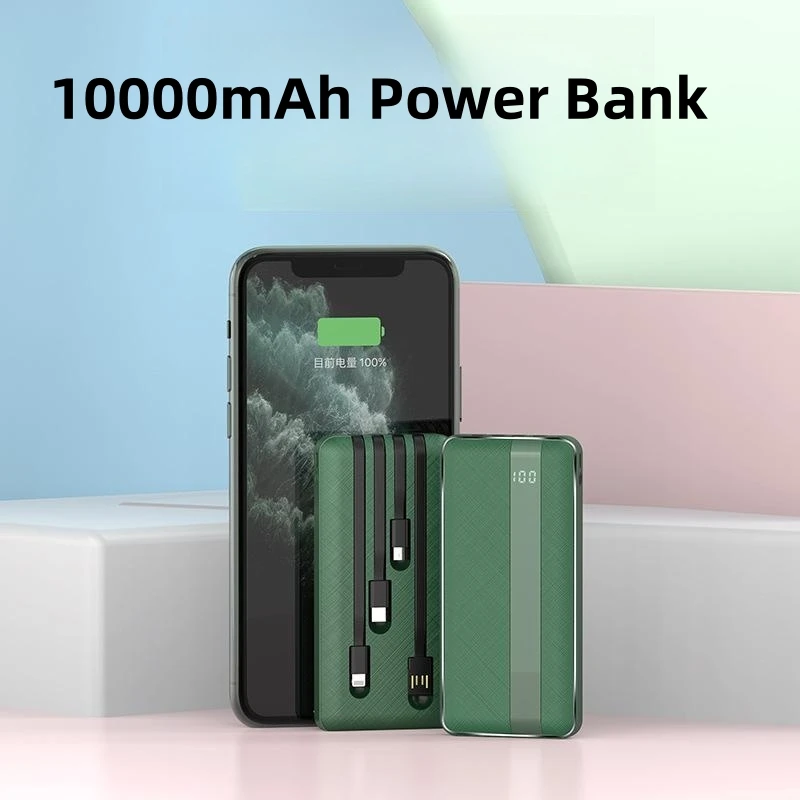 10000mAh Mini Power Bank External Battery Pack Powerbank with Cable for iPhone Samsung Huawei Xiaomi Portable Charger Poverbank