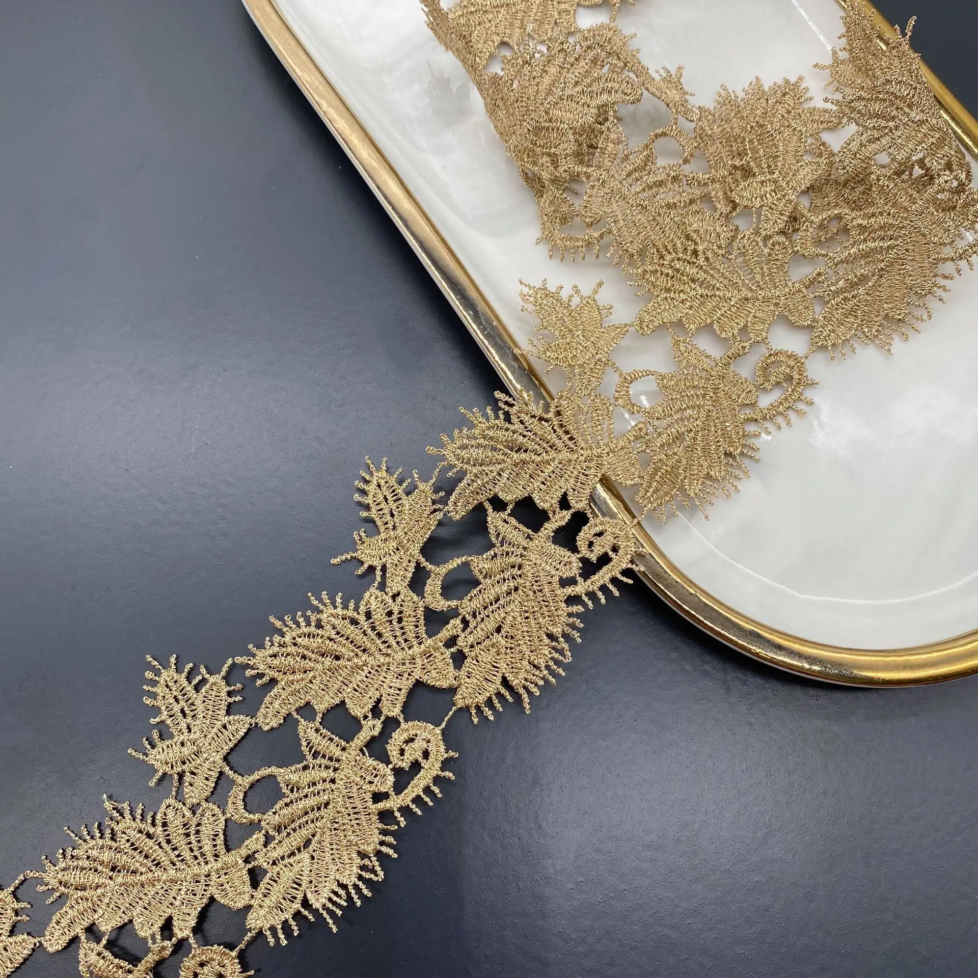 6CM Wide Gold Link Embroidery Mesh Leaf Lace Fabric for Fringe Trim Collar Applique Party Even Dress Ribbon Sewing Accessories