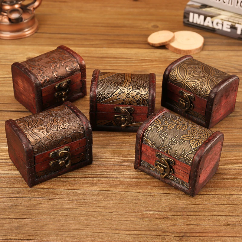 1PCS Antique Mini Wood Treasure Chest Storage Box Jewelry Or