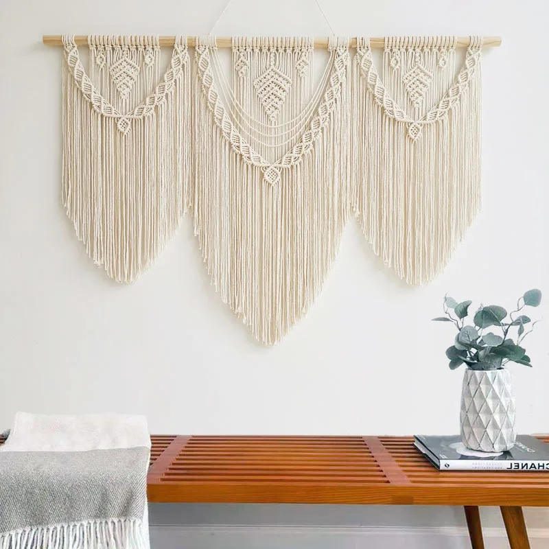 

Macrame Wall Hanging Tapestry with Wooden Sticker Hand-Woven Bohemia Tassel Curtain Tapestry Wedding Backgroud Boho Decor