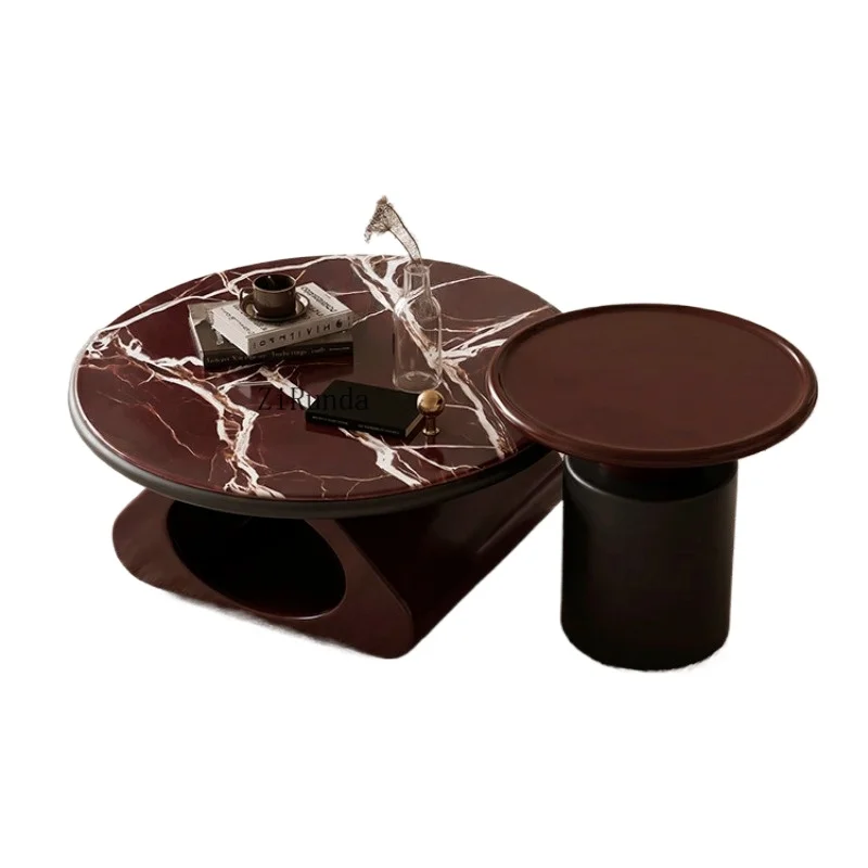 Modern round nested coffee table set with microcrystalline stone top, wood grain lacquer finish
