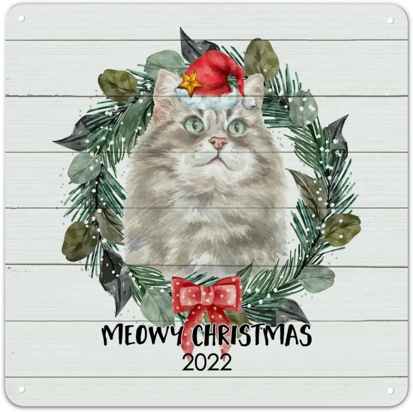 Meowy Christmas Cat Tin Sign Merry and Bright Metal Tin Sign Animal Theme 12x12in Windproof Vintage Country Poster