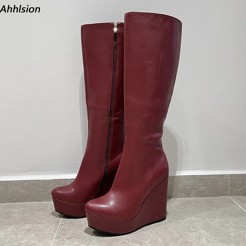 Ahhlsion Handmade Women Winter Knee Boots Stiff Matt Wedges Heels Round Toe Goregous Burgundy Shoes Ladies US Plus Size 5-20