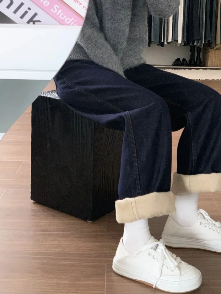 

Большие размеры Fce Lined Thi Джинсы с высокой талией Свободные женские брюки с широкими штанинами в американском винтажном стиле для похудения