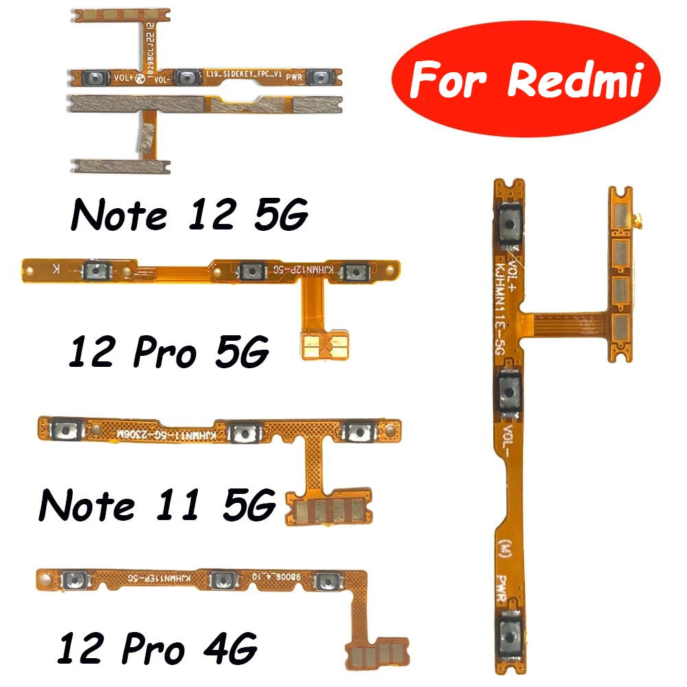 2Pcs，Power On Off Button Volume Switch Key Control Flex Cable For Xiaomi Redmi Note 12S 11S 12 Pro Plus 5G 4G