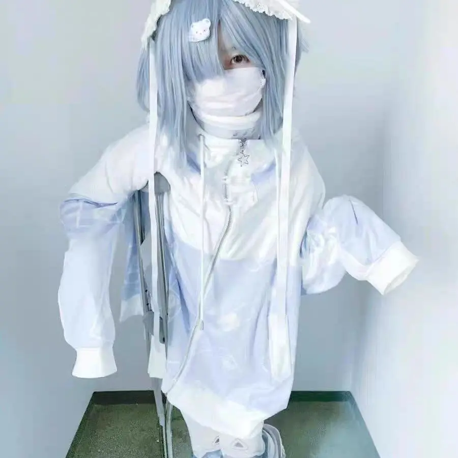 

Japanese Subculture Y2k E-girl Trendy Thicken Sweatshirt Cat Ear Cartoon Printed Zip Up Hoodie Casual Loose Hoodies Women