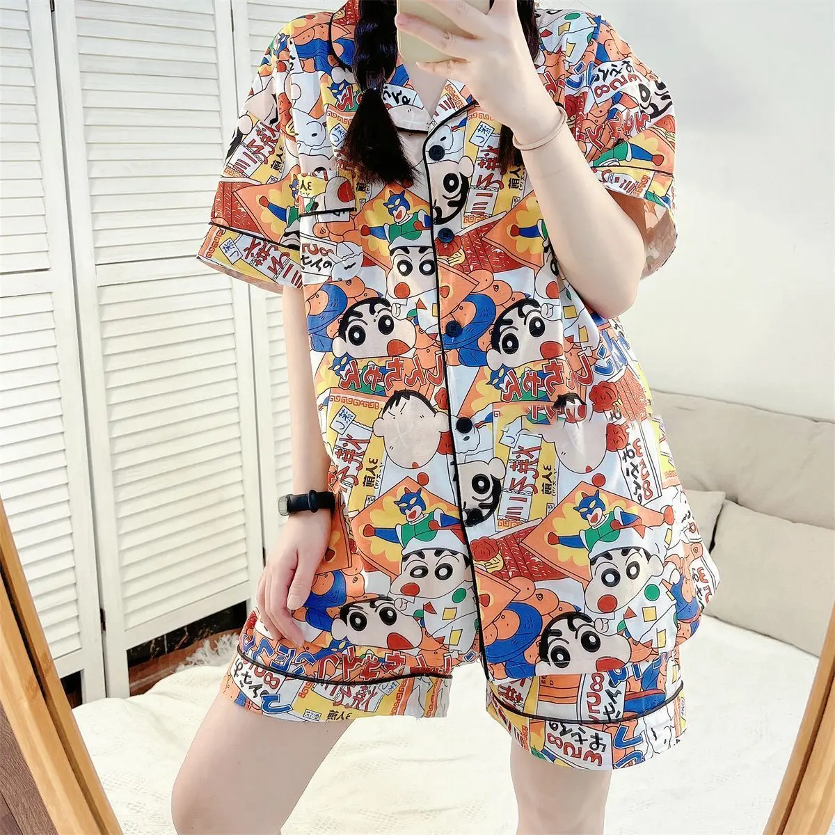 Kawaii Plus Size Japanese Internet Celebrity Cartoon Crayon Shin Chan Nightwear Women's Summer Short Sleeved Home Clothes Set