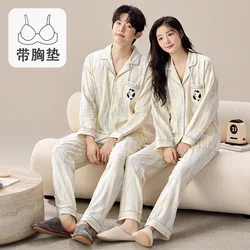 Women Pijama with Bra Pad Man Pajama Cotton Autumn Long Sets Japanese Pajamas for Couples Man and Woman Sleepwear 2024 Dropship