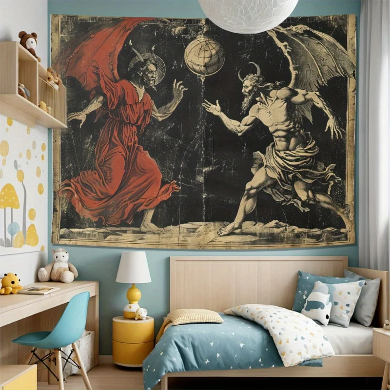 VIKAMA Vintage-Demon-gegen-Teufel-Wandteppich, dunkle Kunst, okkulter Wandbehang, gotische ästhetische Raumdekoration für Schlafzimmer