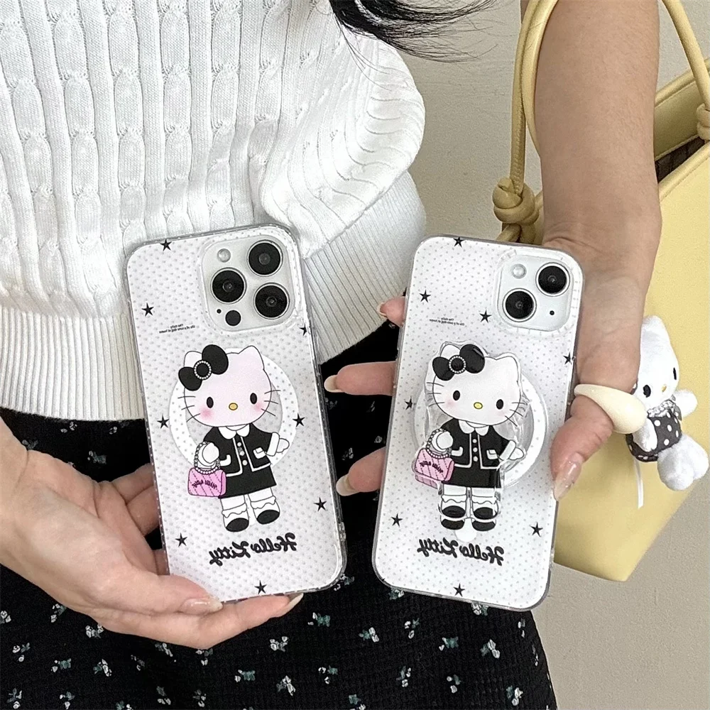 

Simple Polka Dot Hello Kitty Magnetic Holder Phone Case for iPhone 14 15 Pro 13 16 ProMax Cover Cartoon Cute New Protection case