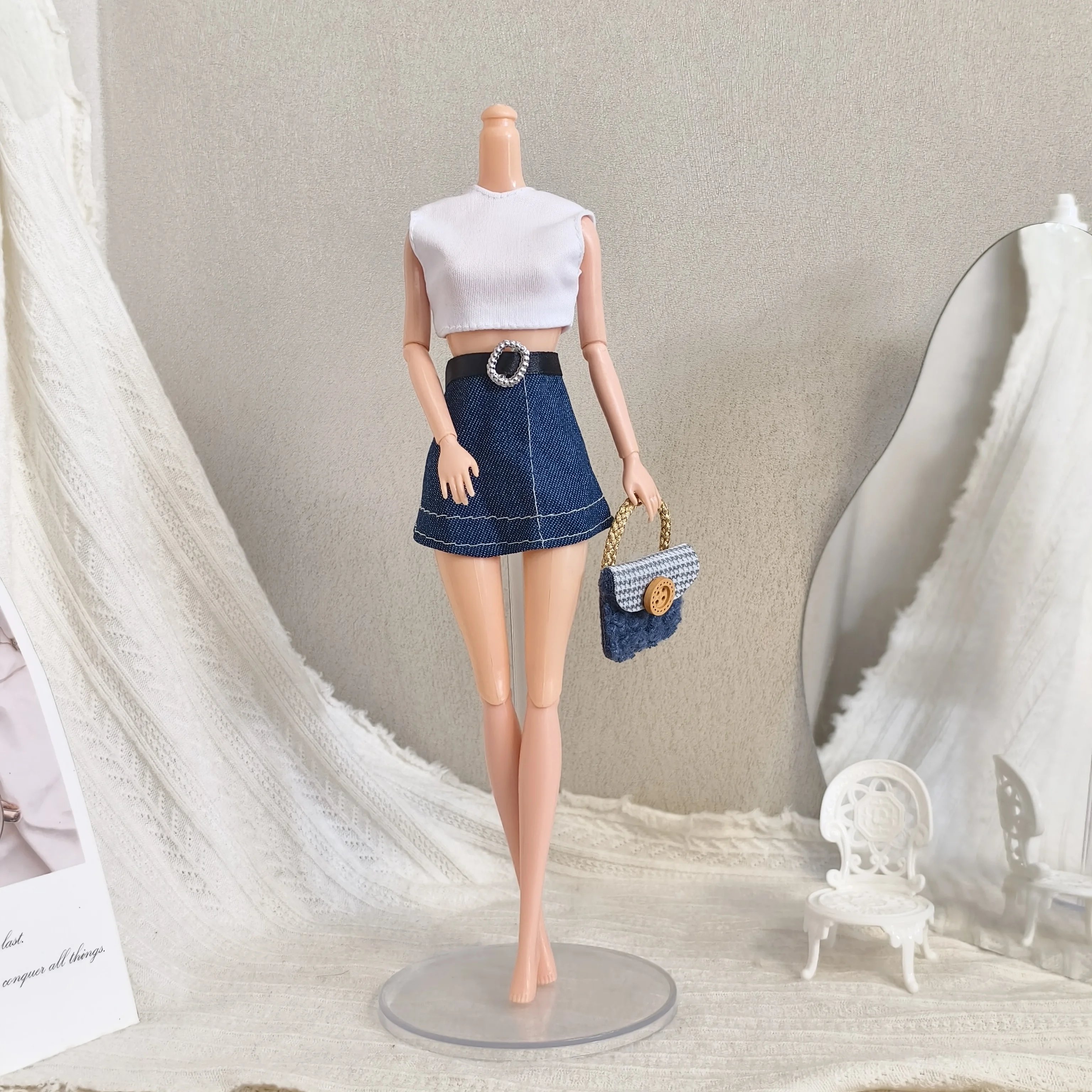Fashion Simple Casual White Top + Versatile Denim Short Skirt Set For 1/6 FR Babi Supermodel Doll 30cm Doll Clothes Accessories