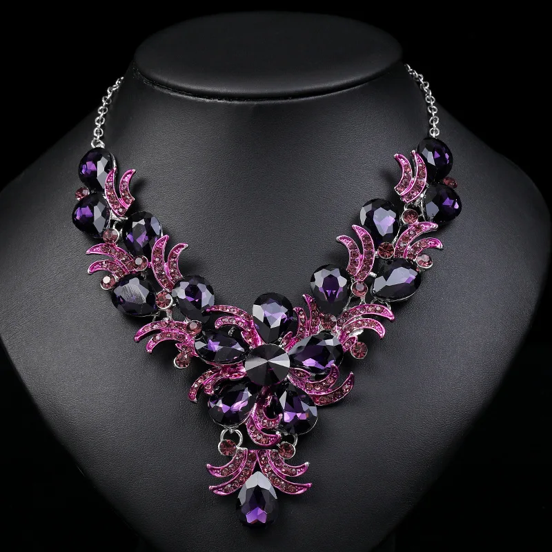 Purple Jewelry Set Wholesale Wedding Accessories Luxury Crystal Rhinestone Flower Statement Earrings and Necklace for Women