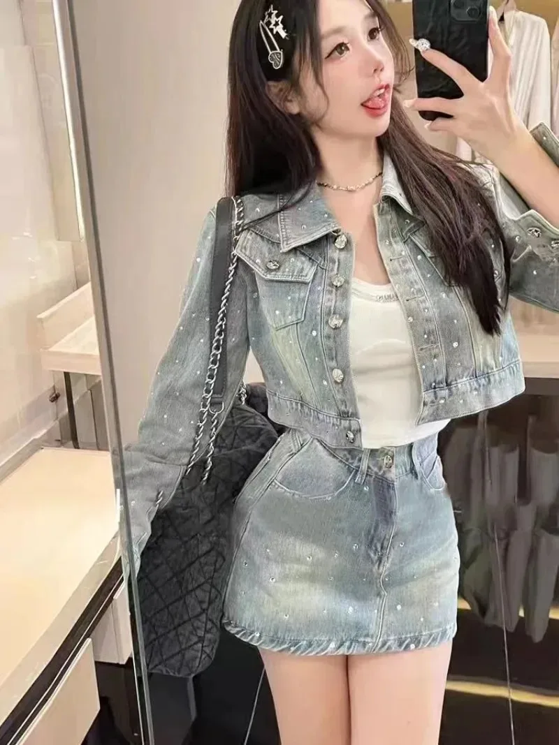 Sweet Temperament Denim Jacket A-line Skirt Two-piece Set Women Fashion Korean Diamond Lapel Solid Spring College Chic Lady Suit