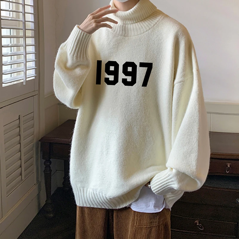 Turtleneck Sweaters Men Fashion Simple Streetwear Autumn Winter Warm Letter Long Sleeve Teenagers Japanese Style Youthful Cozy