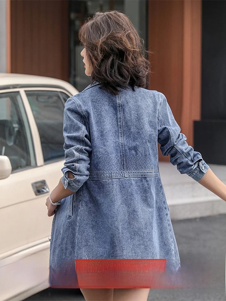 

European Sle Women's Jaet Large Size Mid-Length Letter Denim Coat Spring Autumn Seasonal Faion Commute Sle Long Sve