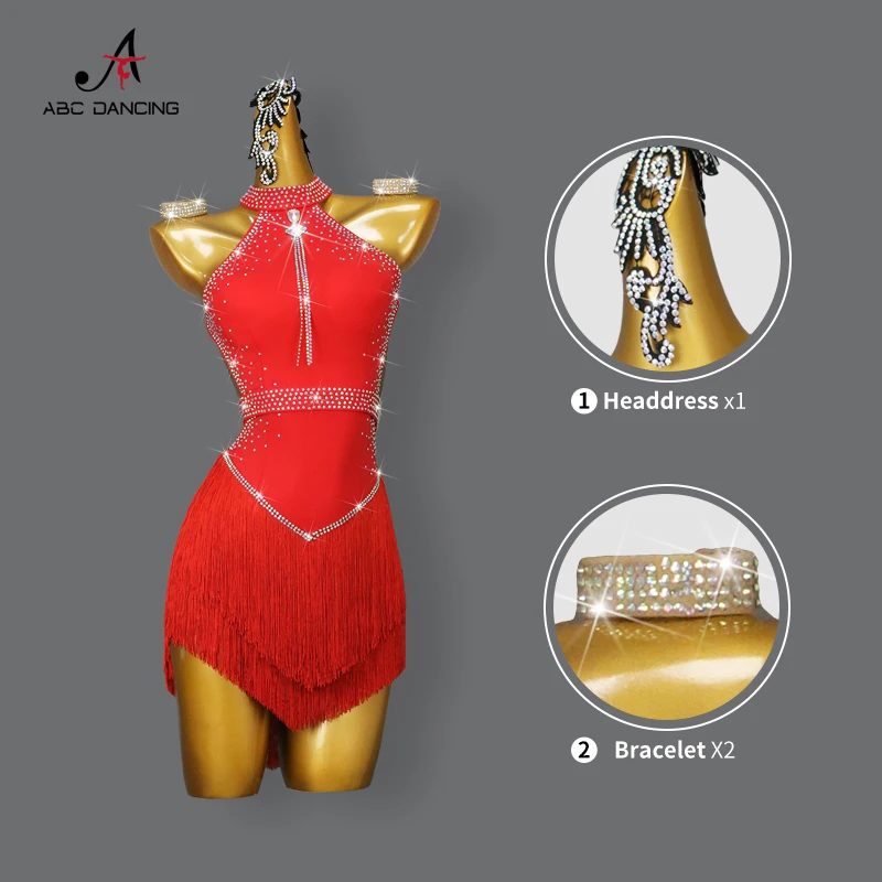 Vestido feminino vermelho de dança latina com pendão, saia sexy para competição adulta, roupa feminina, fato de festa esporte Cha-Cha, novo, 2024