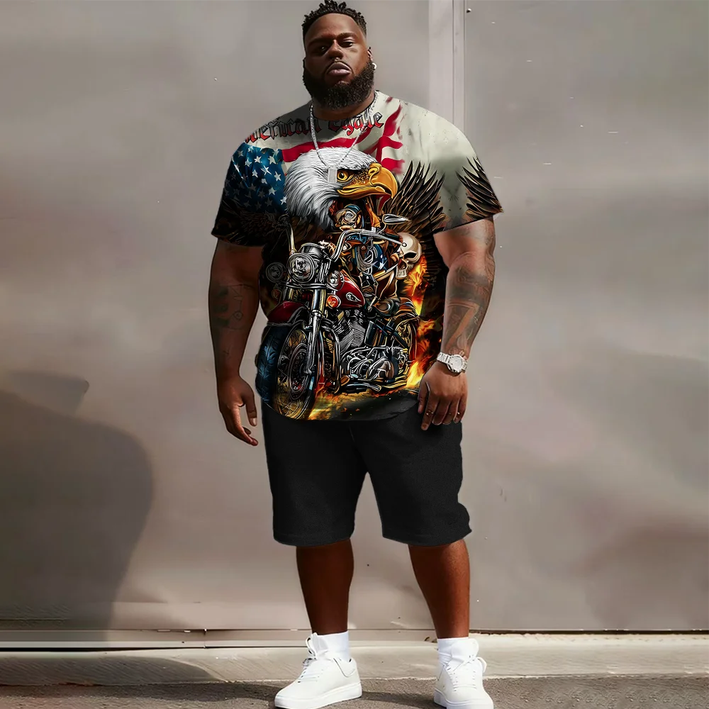 

S-9xl plus size Men's Short Sleeve Set: Flag-Inspired Chic - 2-Piece Big & Tall Fit, Soft Fabric, Sleek Minimalist Flag Prints