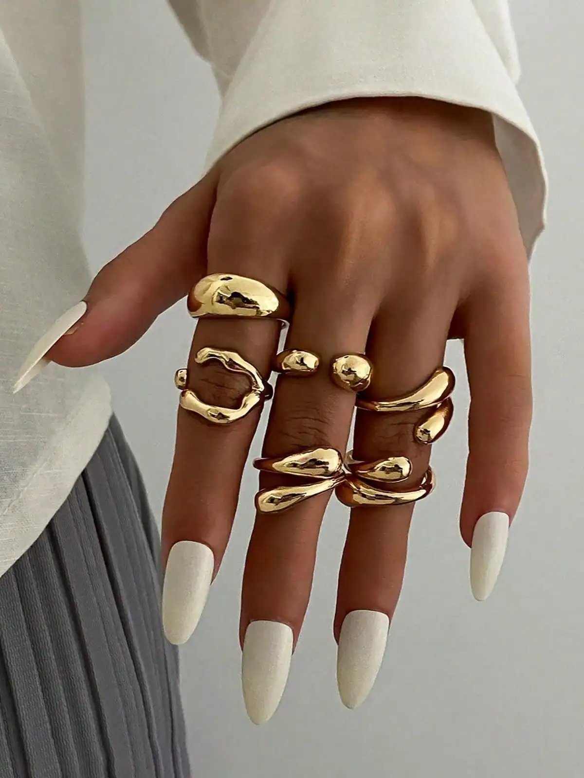6 unids/set de anillos abiertos con diseño de lágrima de Lava fundida de aleación minimalista Vintage, anillo asimétrico de moda de Metal grueso en tono dorado Se