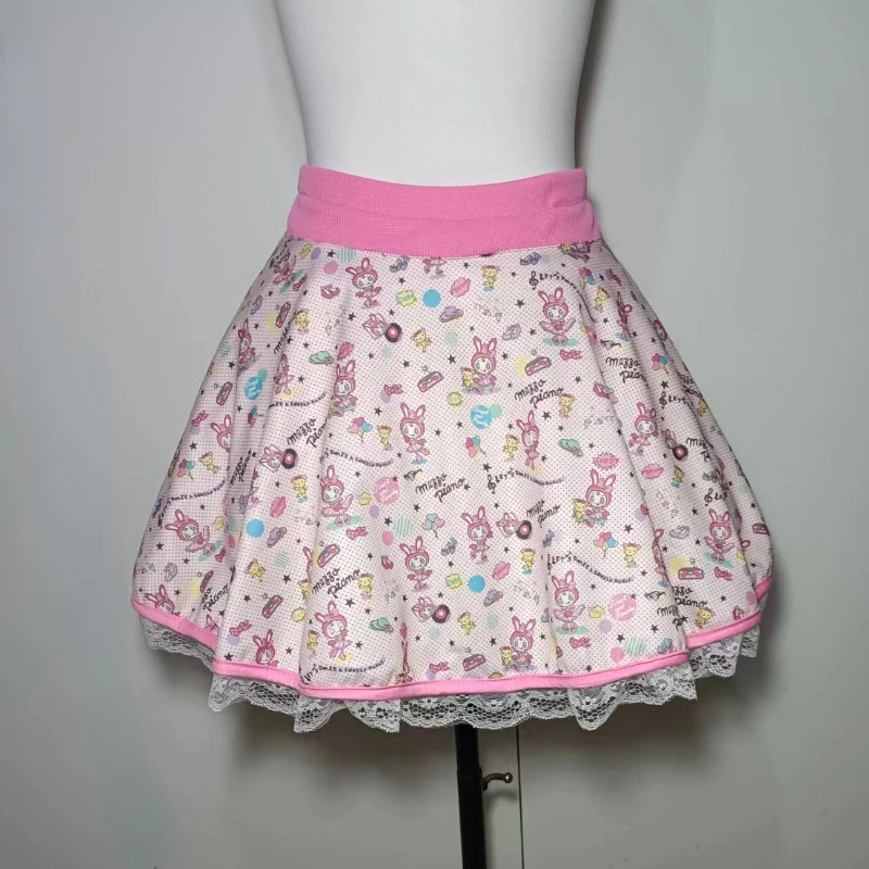 

Japan Kawaii Lolita Mini Skirt Women Cartoon Print Jupe 2024 Faldas Mujer De Moda A-line Pleated Skirt Patchwork Lace Cake Skirt