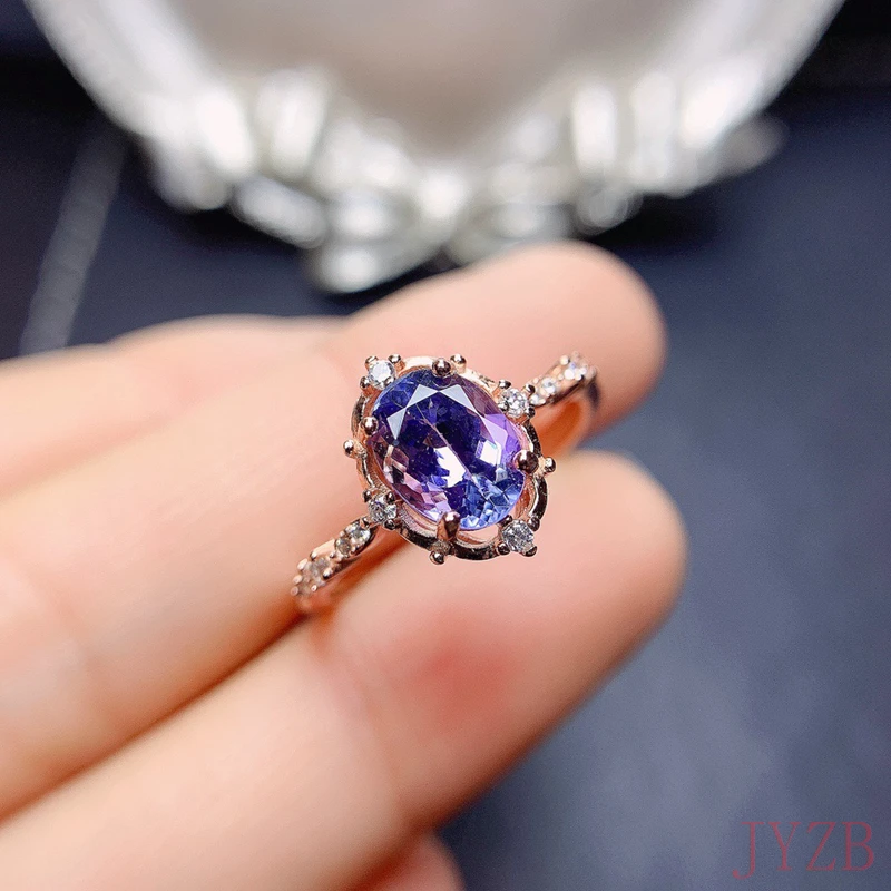 

Tanzanite ring S925 sterling silver natural gem, exquisite fashion women's wedding jewelry 6*8mm