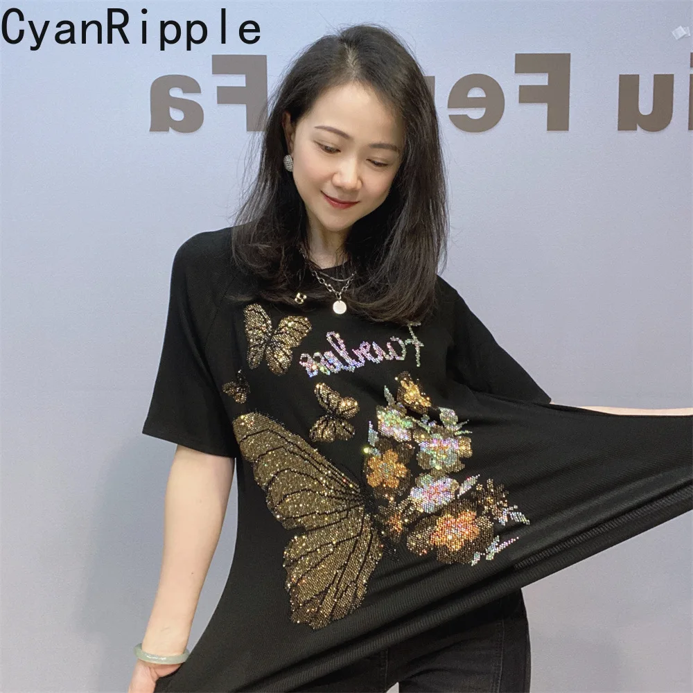 High Stretch New Spring Summer Black Short Sleeve T-shirt Threaded Cotton Round Neck Pullover Top Butterfly Diamonds Women Tees