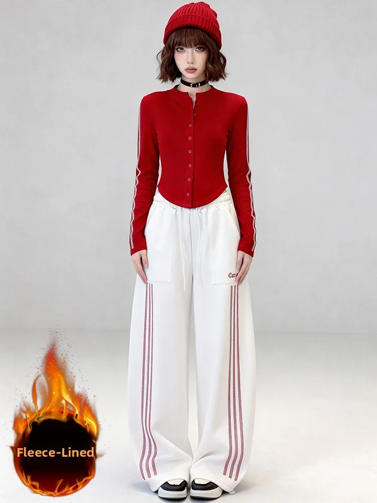 

Casual Fleece Lined Long Sleeve Open Cardigan High Waist Wide Leg Pants Two Piece Set Women's Spring New Style European Fashi...