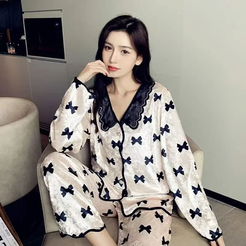 Gold Diamond Velvet Black Heart Set Pajamas Female Network Red Version of Spring and Autumn Winter Can Wear Home Clothes Loose