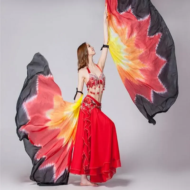 100% Silk Oriental Dance Silk Veils Isis Wings With Stick No Stick Stage Performance Props Tie Dye Half Circle