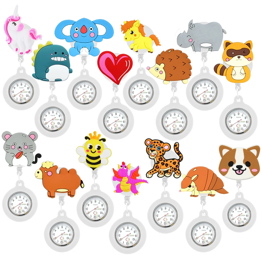 Retractable Lovely Cartoon Children Watch Nurse Doctor Pocket Hang Clips Clock Colourful Women Men Pocket Watches Badge Reel