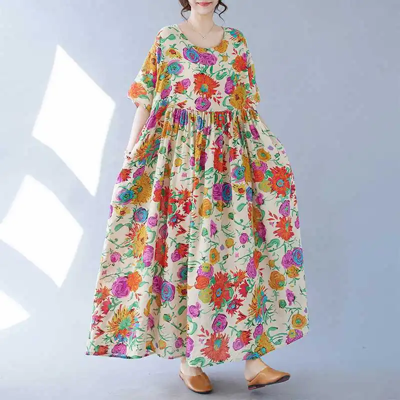 Flower Print Dress for Women Casual Shore Sleeve Long Dress Women's Simple Fashion Large Size Robe Bohemian O-neck Retro Dresses